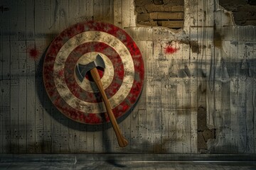 Canvas Print - An axe stuck in a wooden target on a wall, ready for the next shot