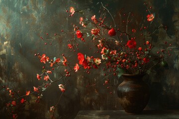 A still life image of a vase filled with bright red flowers sitting on a table