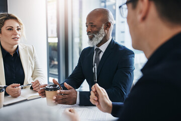 Poster - Meeting, discussion and business people in conference room for planning, project development or collaboration. Consulting agency, diversity and employees in office for conversation, proposal or ideas