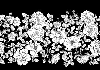 Wall Mural - Rose flowers, Seamless pattern, background. Vector illustration. Outline hand drawing.