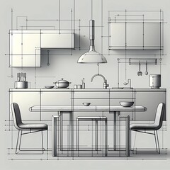 Detailed kitchen interior design blueprint featuring furniture, appliances, and utensils, showcasing a modern layout with precise measurements and elegant minimalistic style.