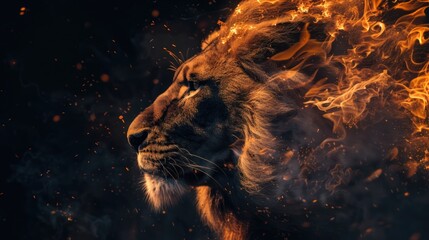 Wall Mural - Close-up of a lion's face with flames burning in the background, great for use in wildlife or adventure scenes