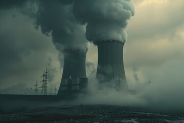 Smoke billows out of two industrial cooling towers on a cloudy day