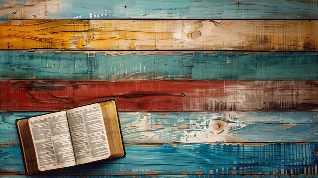 holy bible on wooden surfaces, religious book on various brown wood textures.