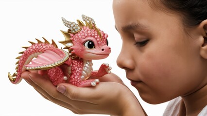 Poster - A young girl holding a pink and gold dragon figurine, AI