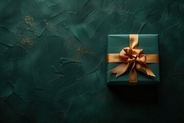 Wall Mural - Gift wrapped in green paper with gold bow