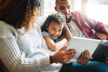 Poster - Family, home or child with tablet for learning, growth and development with online game. Man, woman and girl with ebook in living room for education, together on sofa with tech for multimedia website