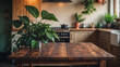 © organik - Wooden table on blurred kitchen bench background. Empty wooden table and blurred kitchen background for product mockup