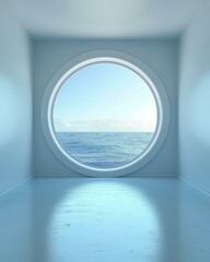 Poster - A round window in a white room looking out over the ocean. AI.