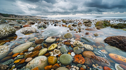 Wall Mural - A coastal scene with tide pools filled with colorful