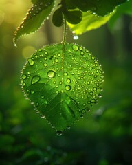 Poster - A green leaf with water droplets on it in the sunlight. AI.