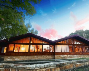 Poster - A large house with a stone wall and windows on the side. AI.