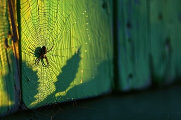 Wall Mural - A spider web is seen on a wooden fence. AI.