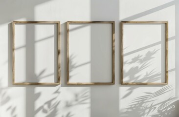 Sticker - Three empty frames on a wall with shadows of leaves. AI.