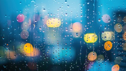 Wall Mural - A close up of rain drops on a window with city lights in the background. AI.