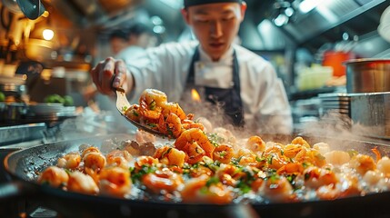 Wall Mural - A chef is cooking shrimp in a pan
