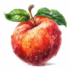 Wall Mural - A close-up watercolor illustration of a red apple with dew drops and green leaves on a white background