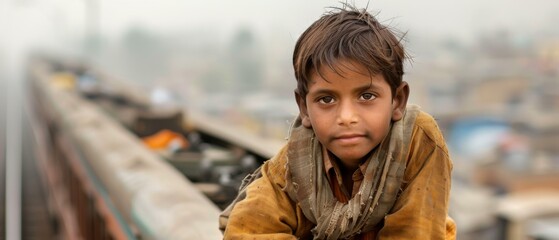 Poster - A young boy sitting on a ledge with the city in background. AI.