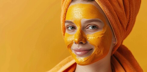 Wall Mural - A woman with a yellow face mask on. Woman over 35 uses turmeric mask for facial care at home. Concept Skincare, Natural Ingredients, Turmeric Benefits, Anti-aging, DIY Beauty