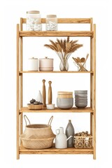 Wall Mural - White background with various items displayed on a wooden shelving unit