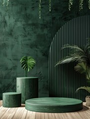 Canvas Print - Green Room with Round Table and Potted Plant