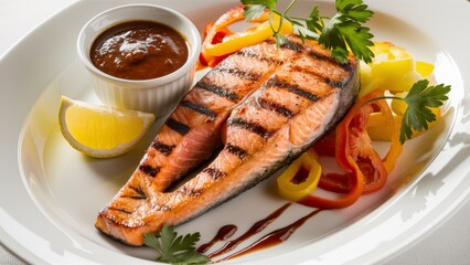 Wall Mural - A plate of a piece of fish with vegetables and sauce, AI