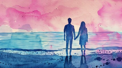 Wall Mural - Romantic couple silhouette on beach at sunset. Watercolor painting of a couple holding hands on a beach, silhouetted against a pink and blue sunset sky, perfect for romance or travel themes.