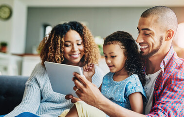 Poster - Tablet, happy family and kid with parents in home together for learning, education or relax. Girl, mom and father on digital technology to watch movie, cartoon or streaming video on living room sofa