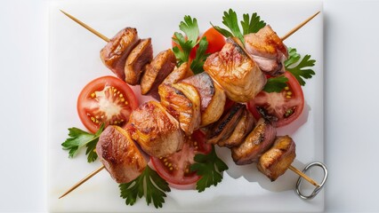 Poster - A close up of a plate with meat and vegetables on skewers, AI