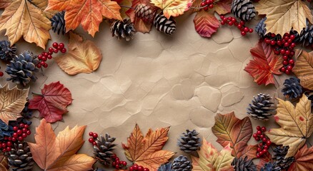 Wall Mural - Fall Leaves, Pine Cones, and Berries Border on Beige Background
