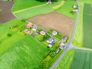 Canvas Print - High angle view of buildings in rural area in Switzerland. Countryside living.