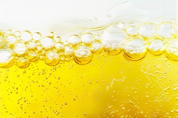 Poster - A Close-Up Image of Golden Liquid Bubbles Set Against a White Background, Perfect for Creative Design, Backgrounds, and Illustrations