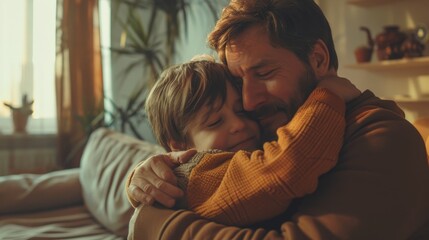 Father and son are happy, highlighting the bond between father and son, with copy space