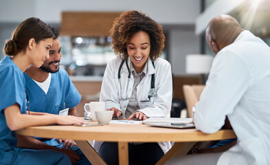 Wall Mural - Medical, team and planning for surgery healthcare in clinic, collaboration and talking at table. Employees, communication and support for surgery agenda, solidarity and brainstorming for treatment