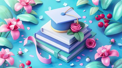 Sticker - A mortarboard and graduation scroll, tied with red ribbon, on a stack of books. AI generated illustration