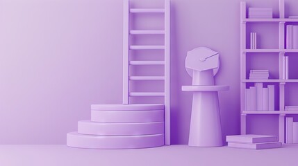 Canvas Print - 3D rendering of a podium with a graduation hat, ladder and books on a purple background. AI generated illustration
