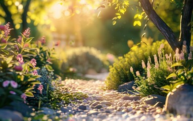 Wall Mural - Serene Garden Pathway in Early Morning Light Surrounded by Colorful Blossoms and Lush Greenery