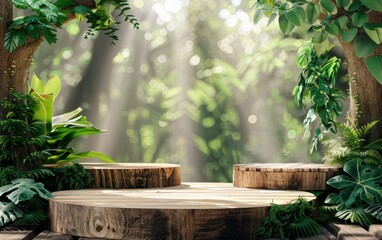 Wall Mural - Serene Forest Setting With Wooden Platforms Surrounded by Lush Greenery and Soft Sunlight Filtering Through Trees