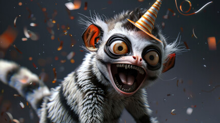 Cheerful cartoon lemur with big eyes wearing a party hat and celebrating with confetti..