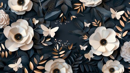 Wall Mural - Flowers on dark colored background in a paper-cut art style.