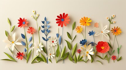 Wall Mural - Colorful Flowers on cream colored background in a paper-cut art style.