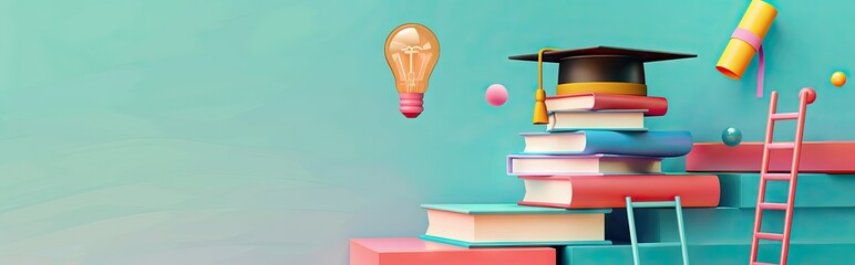 Wall Mural - Graduation cap on books, back to school concept 3D rendering. AI generated illustration