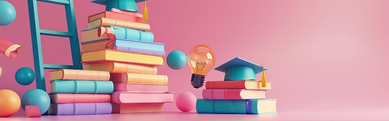 Wall Mural - Graduation cap on books, back to school concept 3D rendering. AI generated illustration