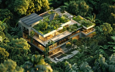 Wall Mural - Eco-friendly modern house nestled in a lush forest, with solar panels and a living green roof, sustainable materials, large windows, and open-plan living space