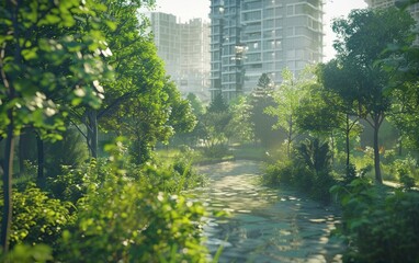 Wall Mural - An urban park in a rewilded city featuring a harmonious mix of modern and rustic elements, a river winding through the city, dense with trees and plants, with modern buildings in the background 