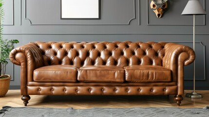 Wall Mural - Vintage brown leather sofa in grey walled living room