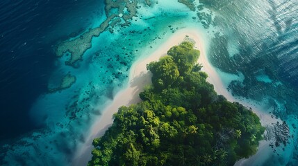 Wall Mural - Paradise Found Aerial View of Stunning Island Oasis with Crystal Clear Waters Vibrant Coral Reef and Lush Tropical Greenery Ideal for Travel Destinations and Nature Enthusiasts