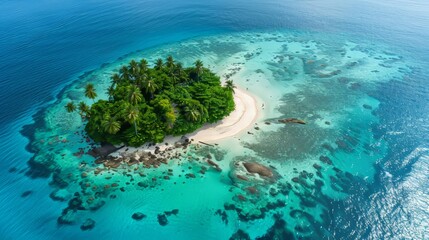 Paradise Found Aerial View of Tropical Island Oasis with Crystal Clear Waters and Vibrant Coral Reefs Perfect for Travel and Ecotourism Promotions