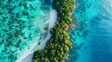 Wall Mural - Paradise Found Aerial View of Tropical Island Oasis with Crystal Clear Waters and Vibrant Coral Reefs Perfect for Travel and Ecotourism Promotions