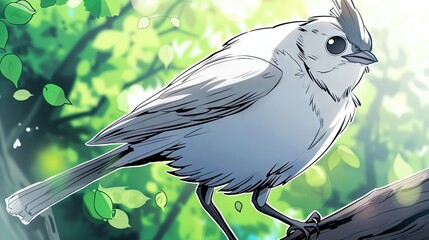 Poster -   A bird perched atop a treetop branch, amidst a lush green foliage forest, surrounded by numerous leaves